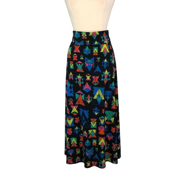 LuLaRoe Women’s Slinky Midi Skirt Hi Low Flare Geometric Black Size Small - Picture 1 of 7